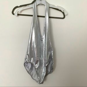Metallic silver bodysuit